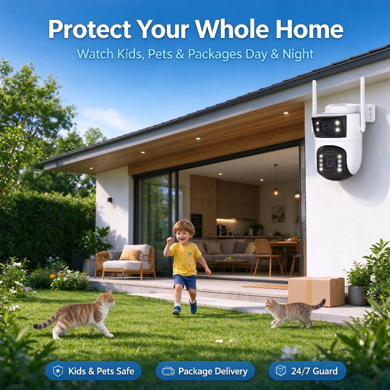 3MP+3MP Dual Lens WiFi Security Camera Outdoor PTZ Home Surveillance Camera Color Night Vision Human Detection Auto Tracking