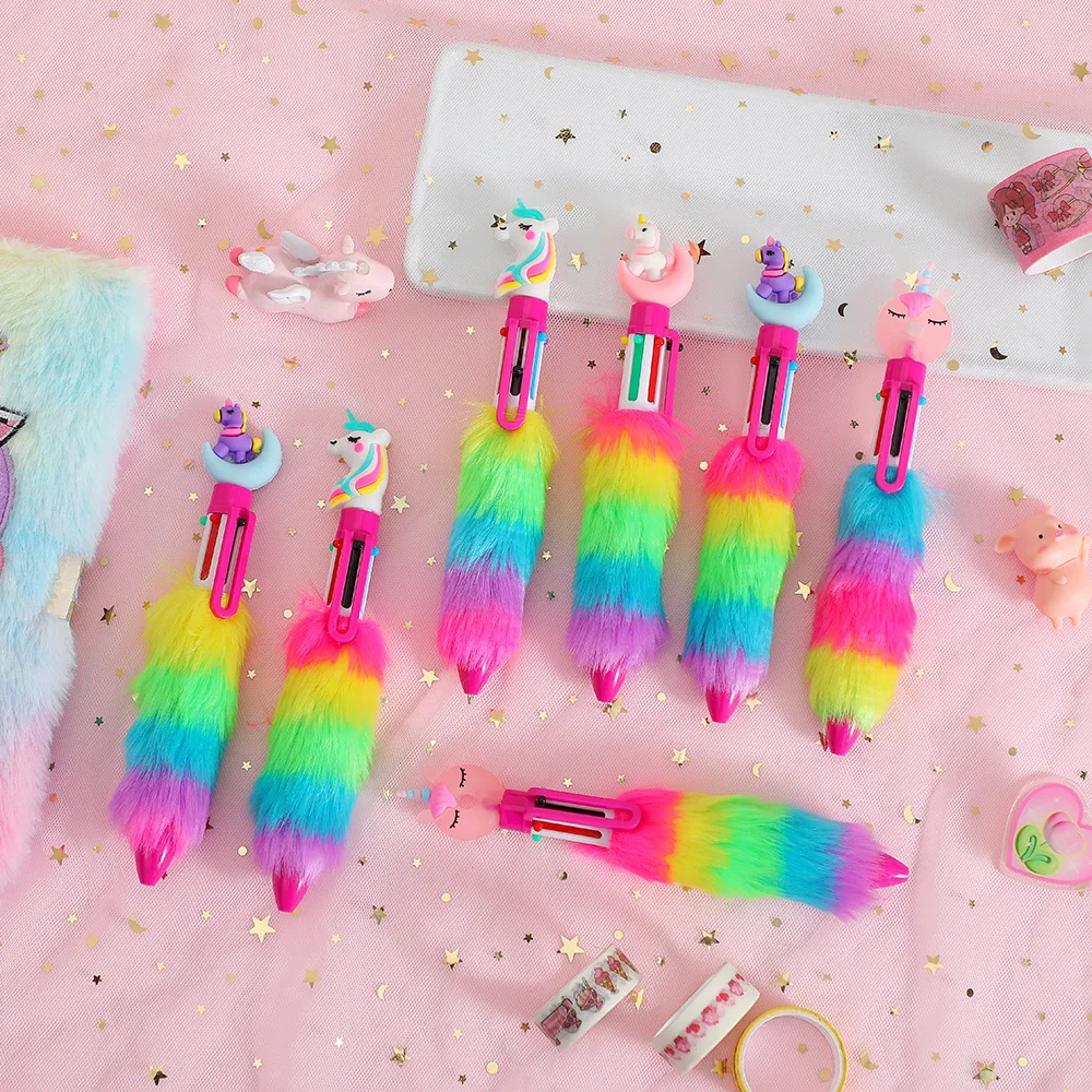 6 color unicorn ballpoint pen cartoon rainbow fur writting pen student hand account colorful pen school stationary Kids Gift