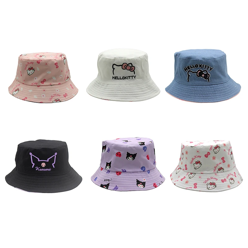 1pcs Sanrio Hello Kitty Sun Hat Double-sided Embroidered Fisherman Hat Cute Cartoon Hello Kitty Printed Summer Sun Hat For Girls