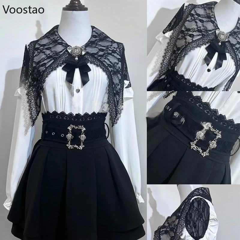 Y2k Aesthetic Lolita Skirt Set Japanese Gothic Bow Lace Off Shoulder Long Sleeve Shirt Mini Skirts Suit Harajuku Sweet Outfits