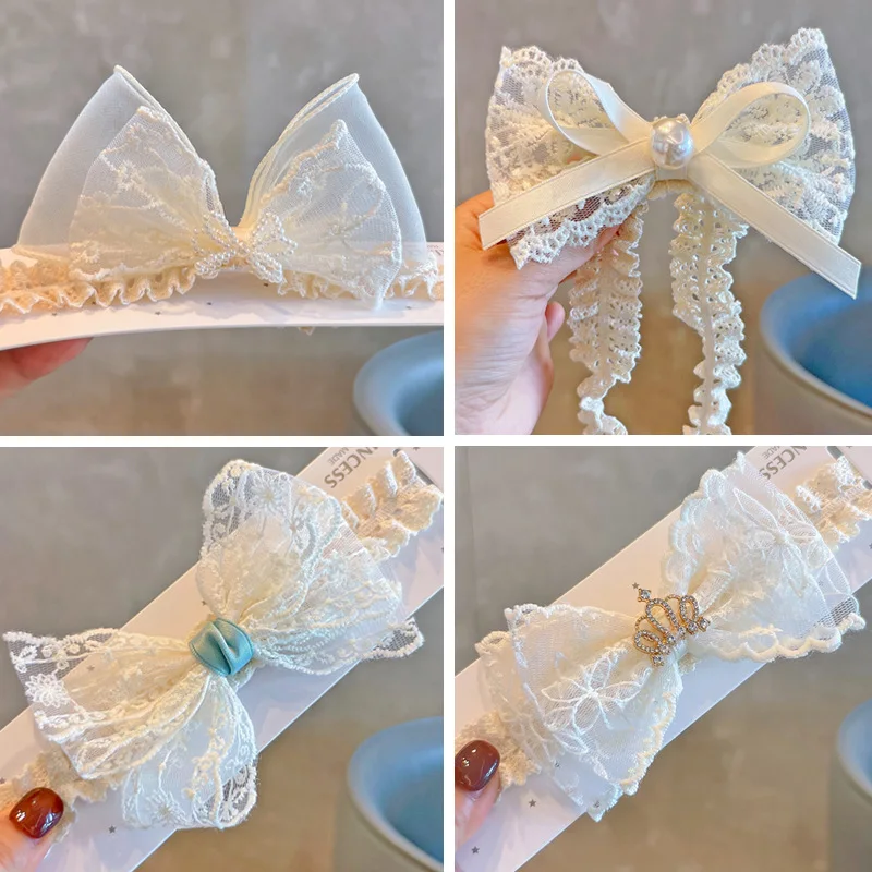 

Korean Premium Beige Lace Baby Headband with Pearl Bow Gentle Forehead Protection Elegant Infant Headwrap for Newborn Photo