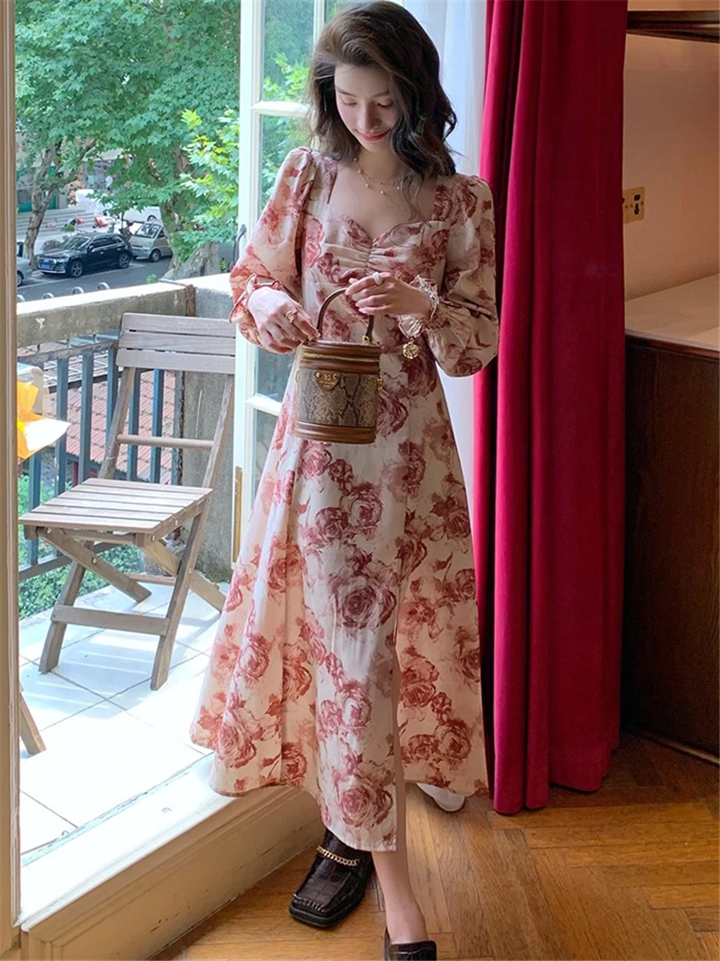 Vestido de verano con estampado Vinatge, Vestidos largos bohe para fiesta en la playa, cuello cuadrado, mangas largas, vestido Sexy con abertura alta, Vestidos de talla grande