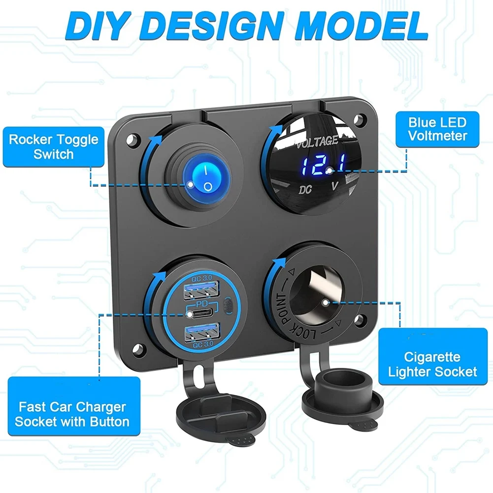 Marine Boat RV 12V Charger Socket Panel, 4 In 1 DC Power 12V Outlet Panel Multi USB Fast Charger with Toggle Switch