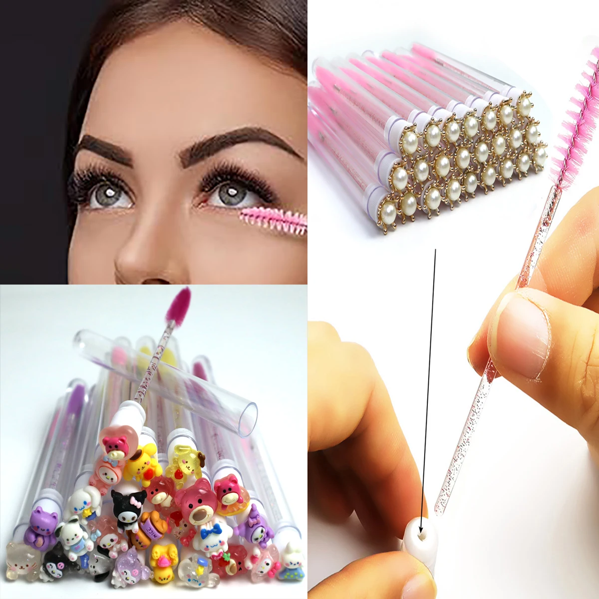 50/100pcs Reusable Eyelash Brush with Tube Eyelash Wands Eyebrow Brush Replaceable Dust-proof Lash Brush Cartoon Pearl Bottom