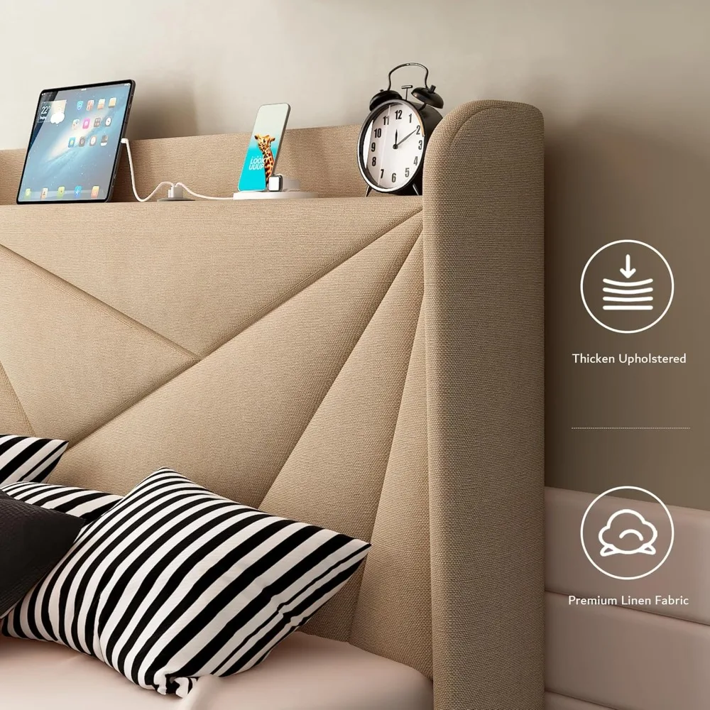 إطار سرير مزدوج الحجم مع محطة شحن، إطار سرير بمنصة كتان مع إطار سرير منجد على اللوح الأمامي بجناح خلفي