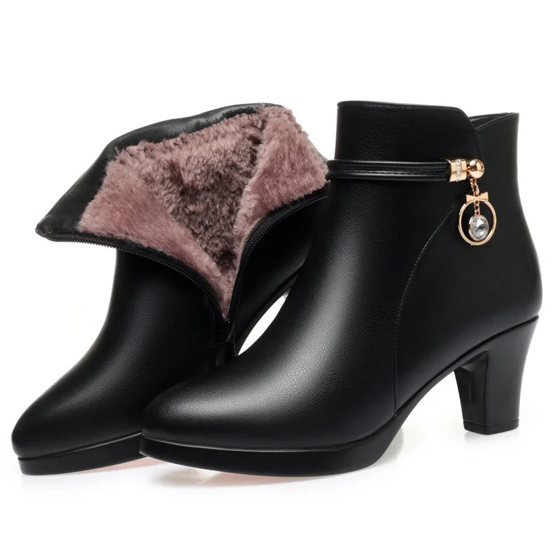 Autumn Winter New High-heeled Women\'s Thick-heeled Short Ankle Boots Versatile Non-slip High Heel Warm Plush Snow Boots