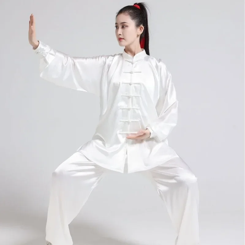 Unisex Silk Satin Yaga Tai Chi Suit Women Chinese Style Stand Collar Kung Fu Wushu Martial Arts Uniform Pants Performance