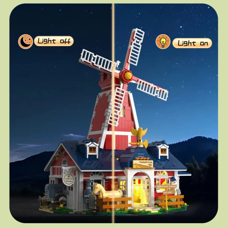 1810 قطعة طاحونة مزرعة ألعاب مكعبات البناء مع شفرات ضوء قادرة على تدوير سطح المكتب حلية الجمعية الطوب نموذج هدايا عيد الميلاد