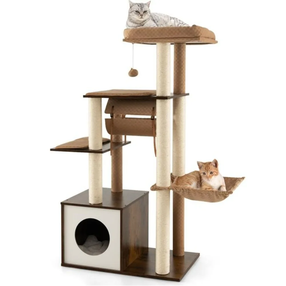 

Cat Tree for Indoor Cats, 53 Inch Tall Tower with Hammock, Sisal Scratching Posts, Top Perch, Tunnel & Condo, Wood Cat Tree