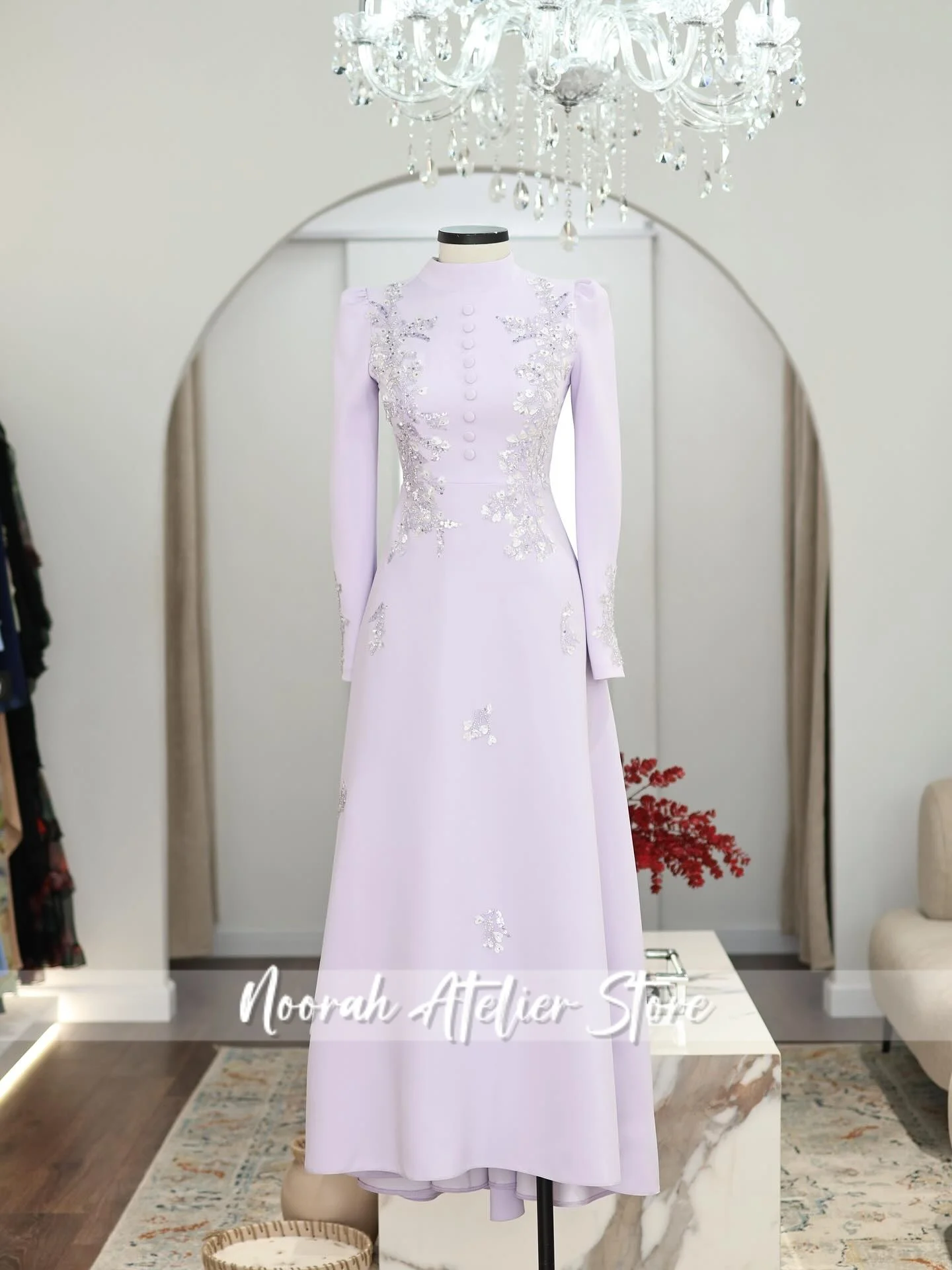 

New Lilac Chic Sliver Appliques Luxury Muslim Women Evening Dress 2025 Dubai Celebrity Dress Button Gown Vestidos Customized