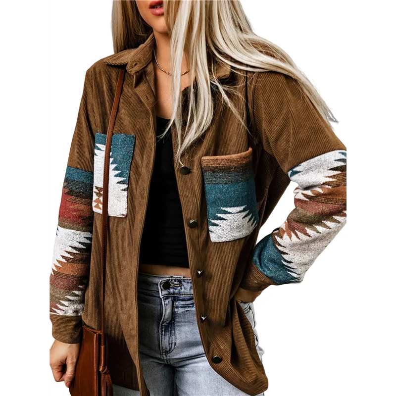 

【D75C】Womens Corduroy Flannel Shirt Long Sleeve Button Down Loose Shacket Jacket With Pockets