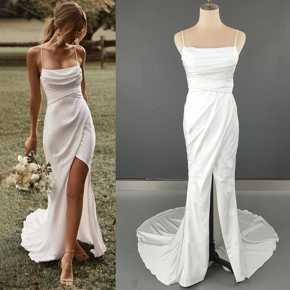 Robe de mariée froncée en Satin, bretelles Spaghetti, fente haute, jupe drapée, sur mesure, style sirène, dos nu, grande taille, 2022