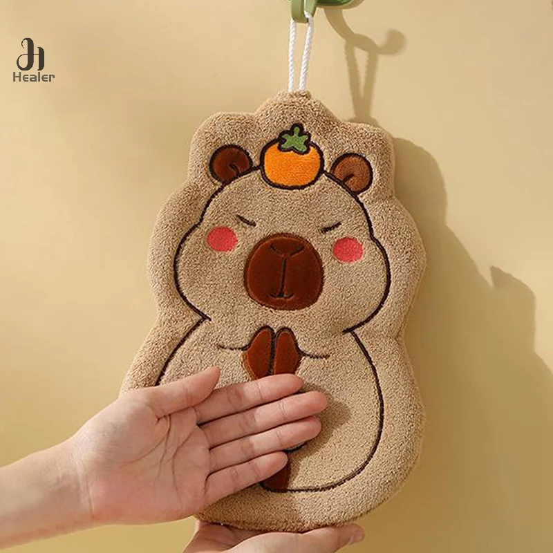 Cartoon Hand Towel Cute Capybara Hanging Towel Kitchen Bathroom Face Washcloth Guinea Pig Coral Fleece Quick Drying Towel