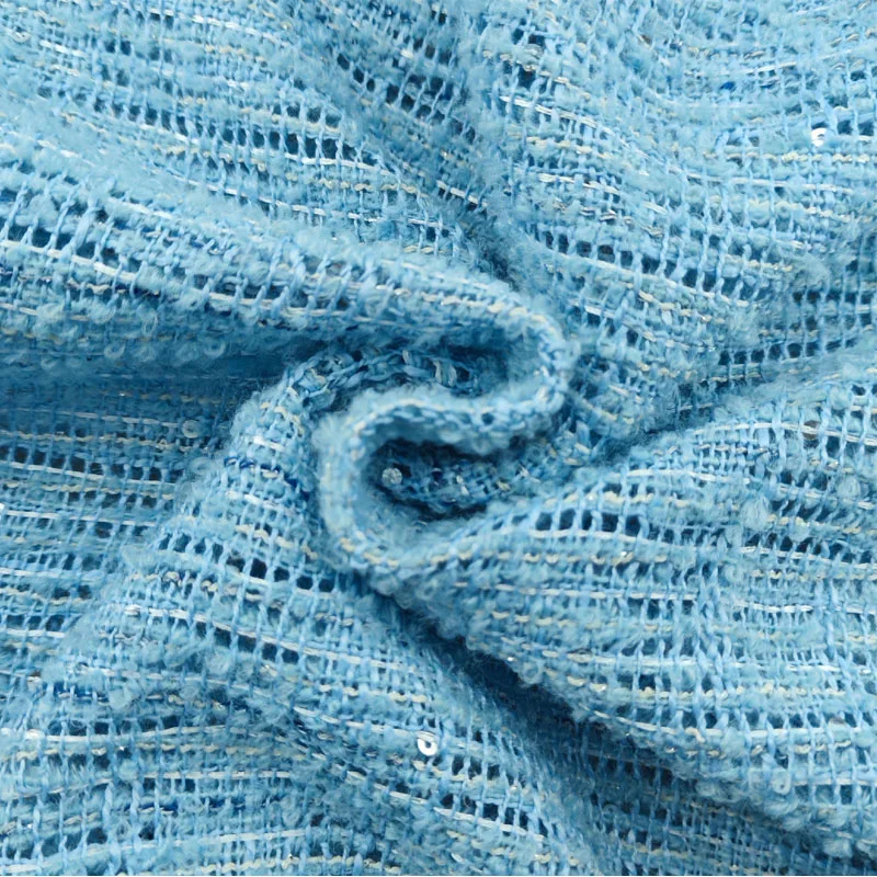 Blue Color Sequin Yarn-Dyed Hollow Out Braided Tweed Fabric For Sew Women's Autumn Jacket Dress Suit Coat Handbag DIY Sewing