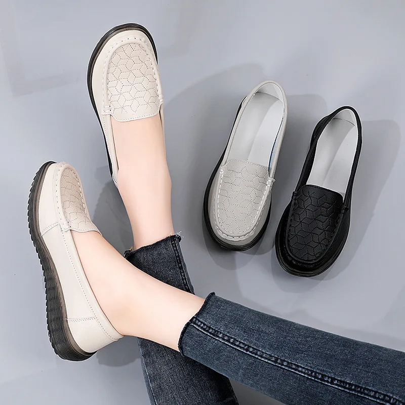 Spring Autumn Women Genuine Leather Loafers Flats Sheos Ladies Slip-on Casual Walking Shoes Mother Plus Size Shoes