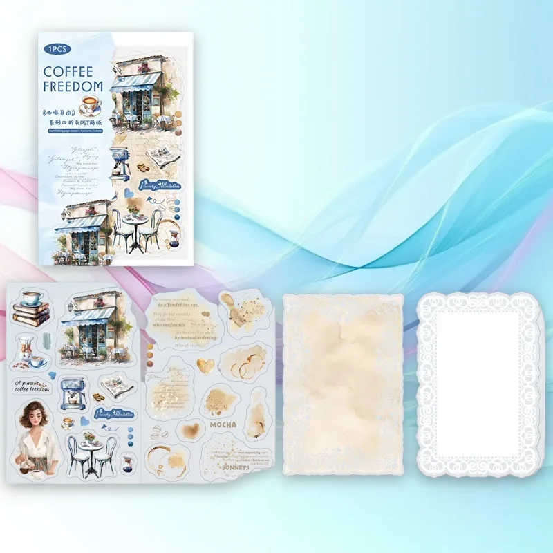 1 Packung/2 Packung europäische Retro vierfach gefaltete PET-Aufkleber Coffee Freedom Series 6 Stile Basiscollage für Handjournal