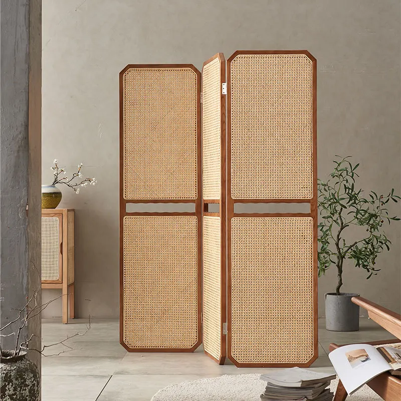 Solid wood screen movable folding rattan partition living room entrance block new Chinese door decoration folding screen