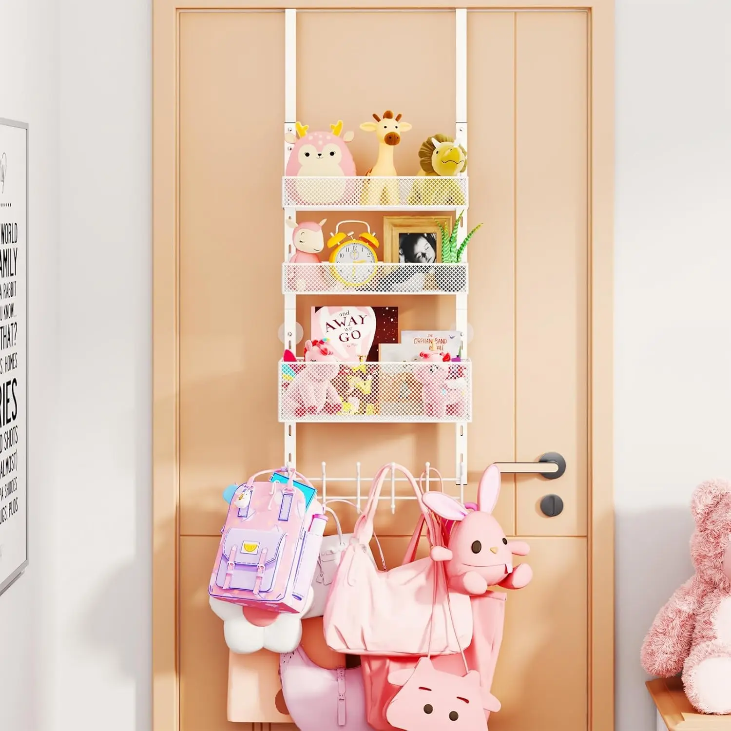 

Over The Door Hooks Organizer - 4 Tier Door Coat Rack with 3 Baskets and 12 Hooks, Stainless Steel Towel Hanger for Bedr