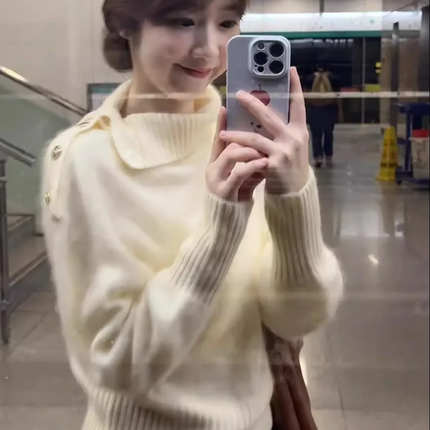 

Design Semi-turtleneck Sweater Women's Autumn and Winter 2025 New Irregular Soft Waxy Relaxation Lazy Wind Loose Top