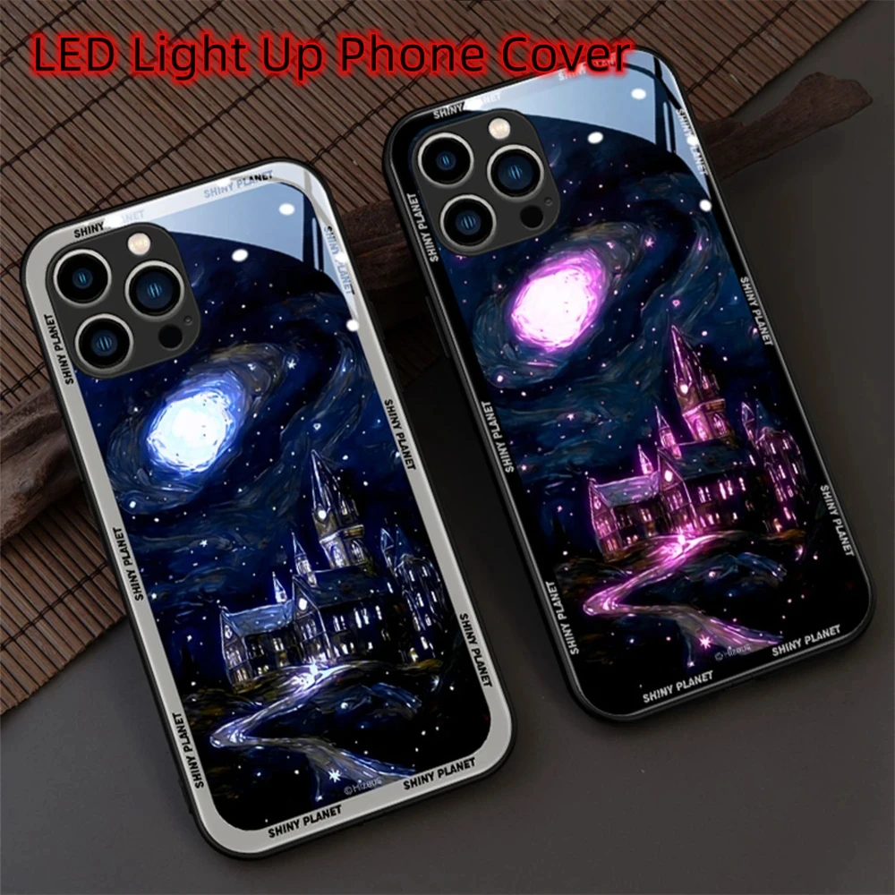 

Magic Castle Luxury Luminous Glass Phone Case For iPhone 16 15 14 13 12 11 Pro Max X XR XS 6 7 8 Plus SE2020 LED Light Up cover