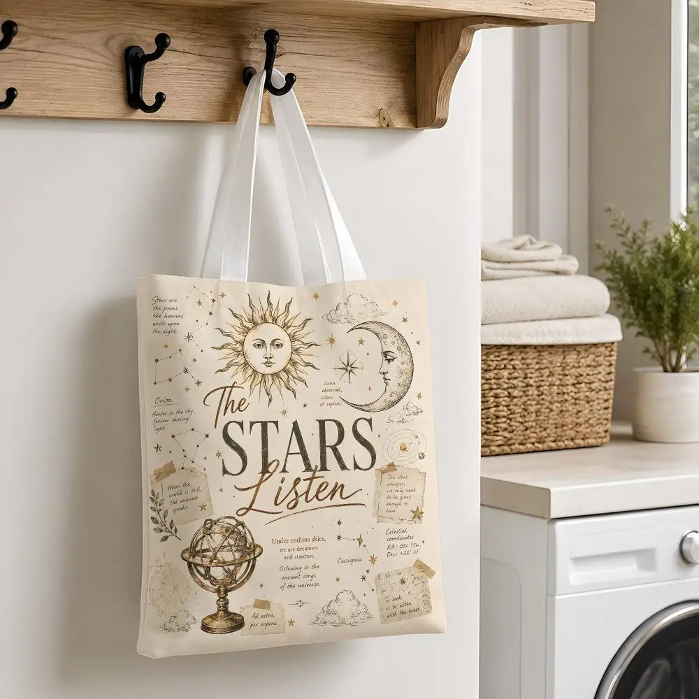 Vintage Literary Botanical Collage Storage Bags Canvas Tote Reusable Shoulder Carry For Shopping Travel Work And School