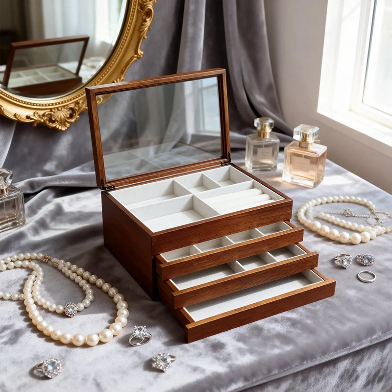 High-End Solid Wood Jewelry Box, Pull-Out Large Trinket Case, Gold Storage Chest, Elegant Organizer for Rings & Necklace