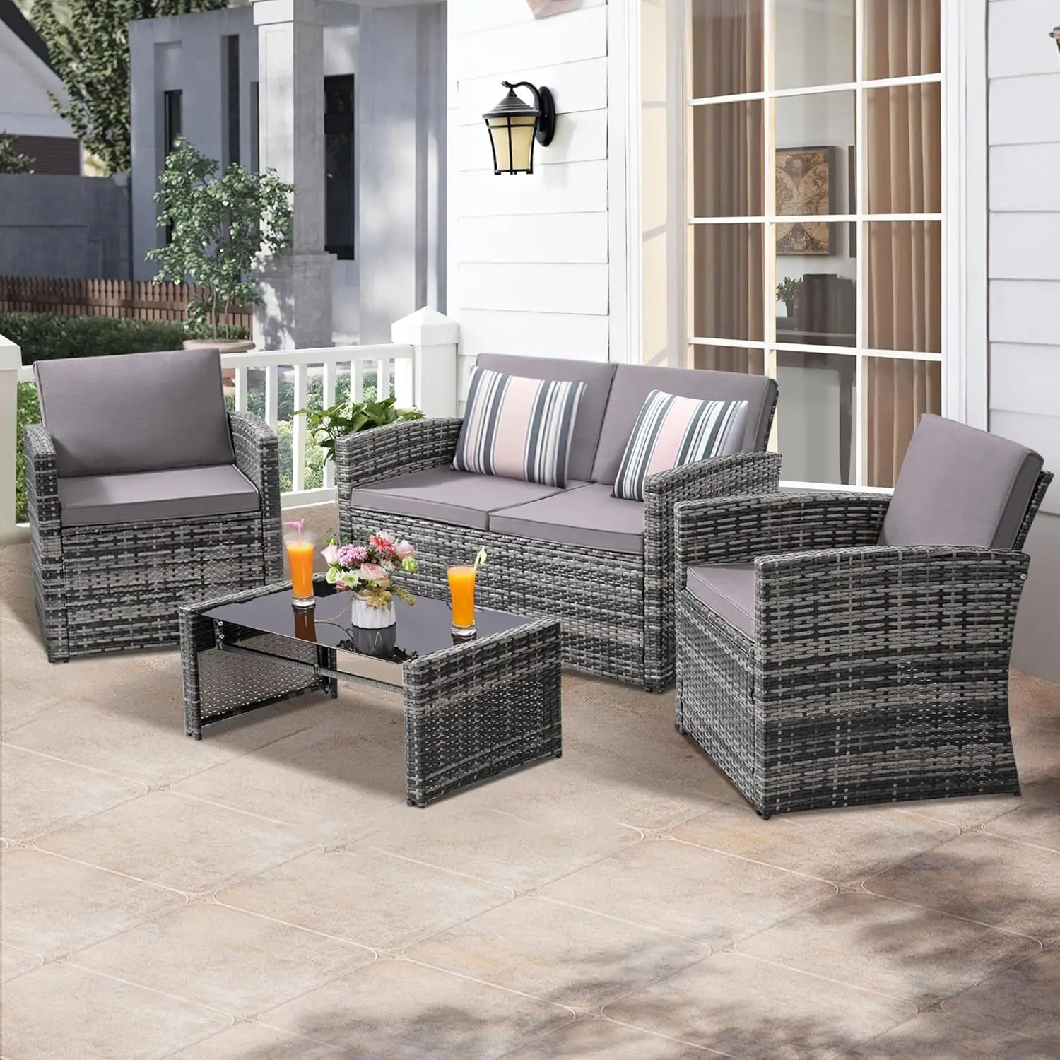 4 Pieces Patio Conversation Set, Outside Rattan Sectional Sofa, Cushioned Furniture Set, Wicker Sofa Ideal for Garden, Porch, Ba