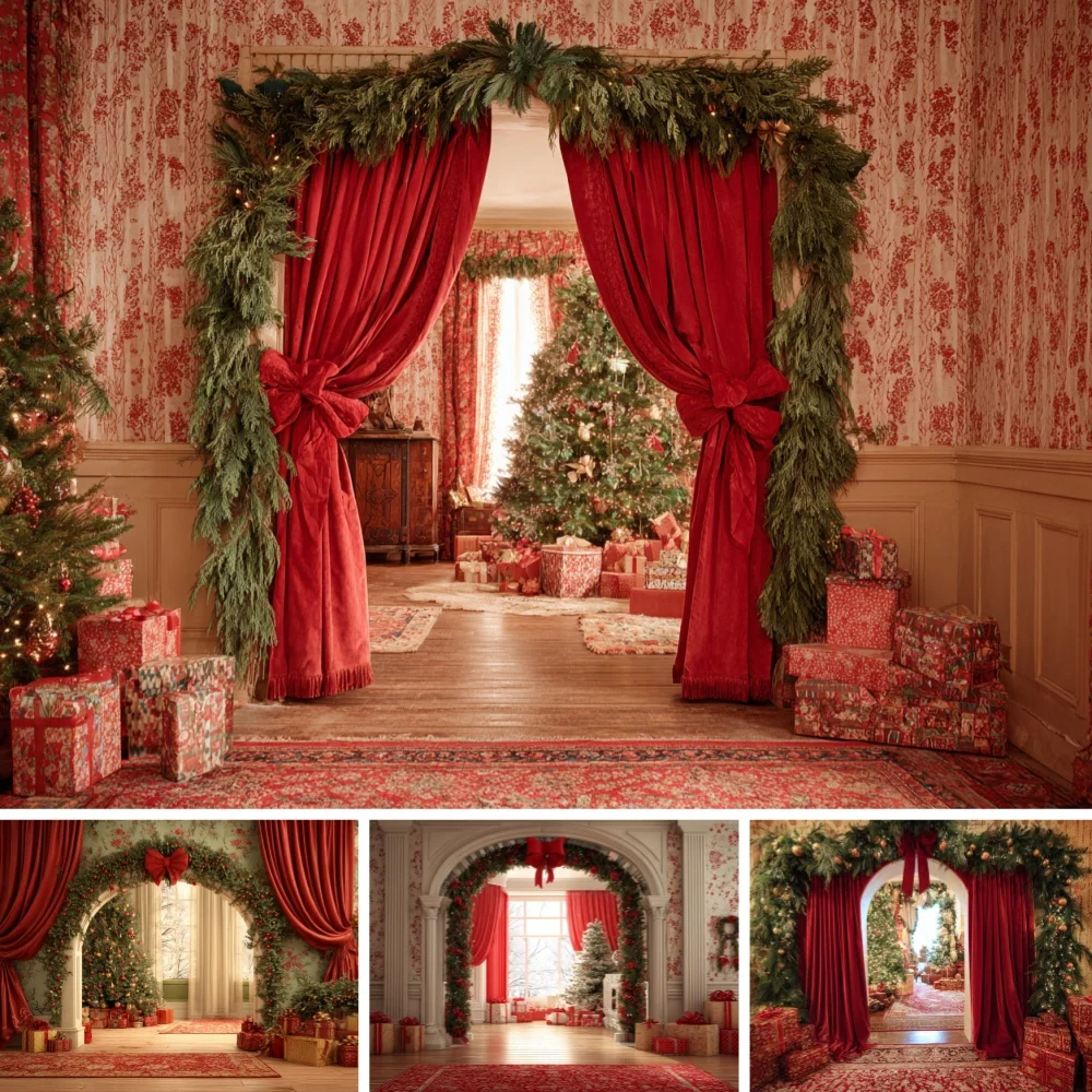 Vintage Red Drape Arch Christmas Photo Backdrop Pine Greenery Gift Boxes Indoor Xmas Family Portrait Holiday Shooting Background
