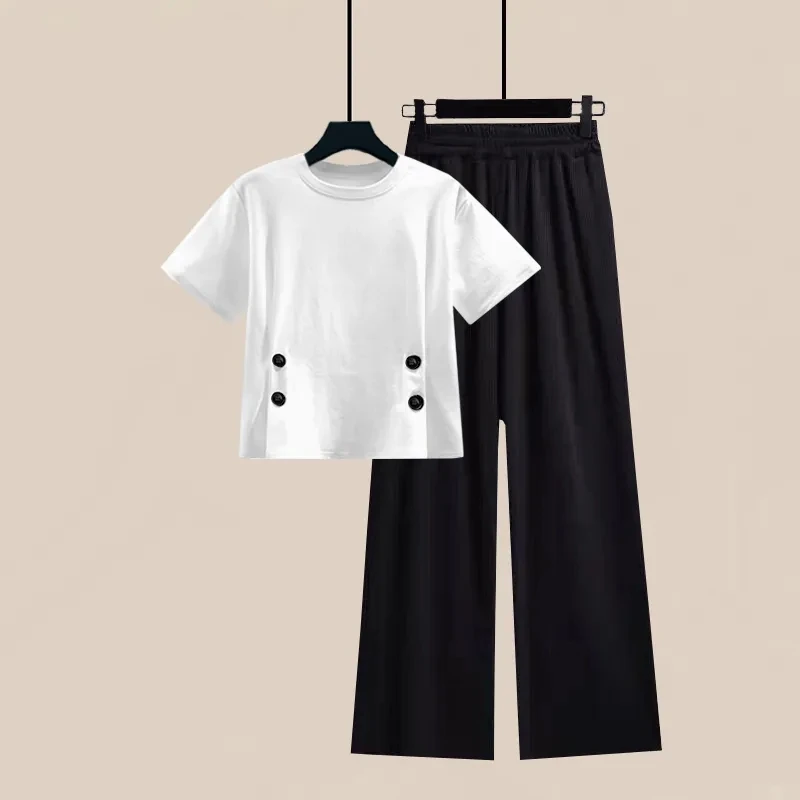 2024 Summer New Women Fashion Solid T Shirts Wide Leg Pants 1 or Two Piece Set Korean Student Casual White Tops Trousers Outfits