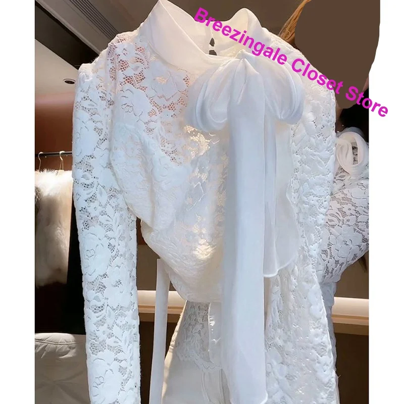 French Fashion Ladies Temperament Sweet Bow Tie Long-sleeved Lace Shirt Women's Autumn and Winter New Gentle Wind Casual Top.