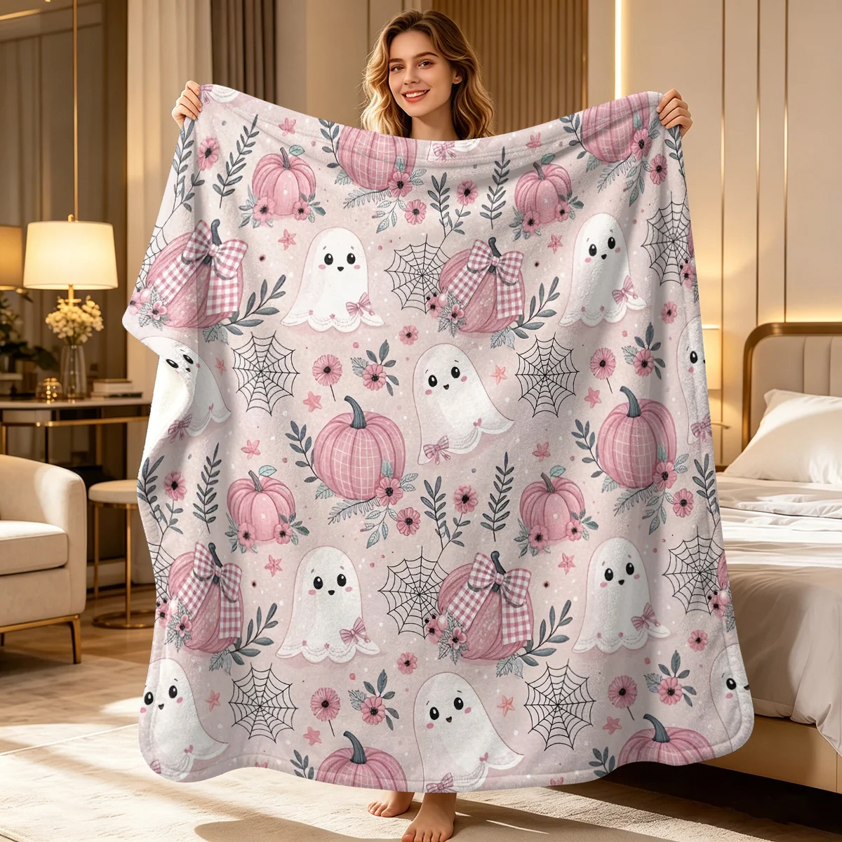 1pc Pink Plaid Pumpkin Bow All-Over Print Blanket, Light Pink Gentle Girly Halloween Floral Flannel Throw Blanket