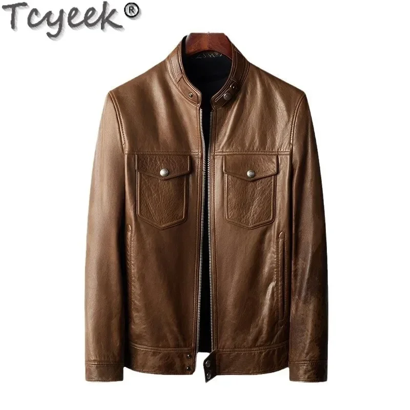 Tcyeek Real Leather Jacket Men 2025 Vegetable Tanning Sheepskin Coats Spring Autumn Clothes Mens Motocycle Jackets Jaqueta Couro