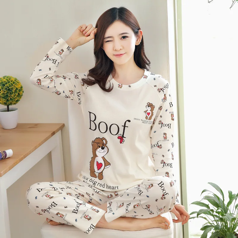 2PCS/Set Women Fashion Long-Sleeved Pajamas Fall and Winter Cartoon Love Bear Cute Soft Loose Casual Sleepwear Outside Homewear