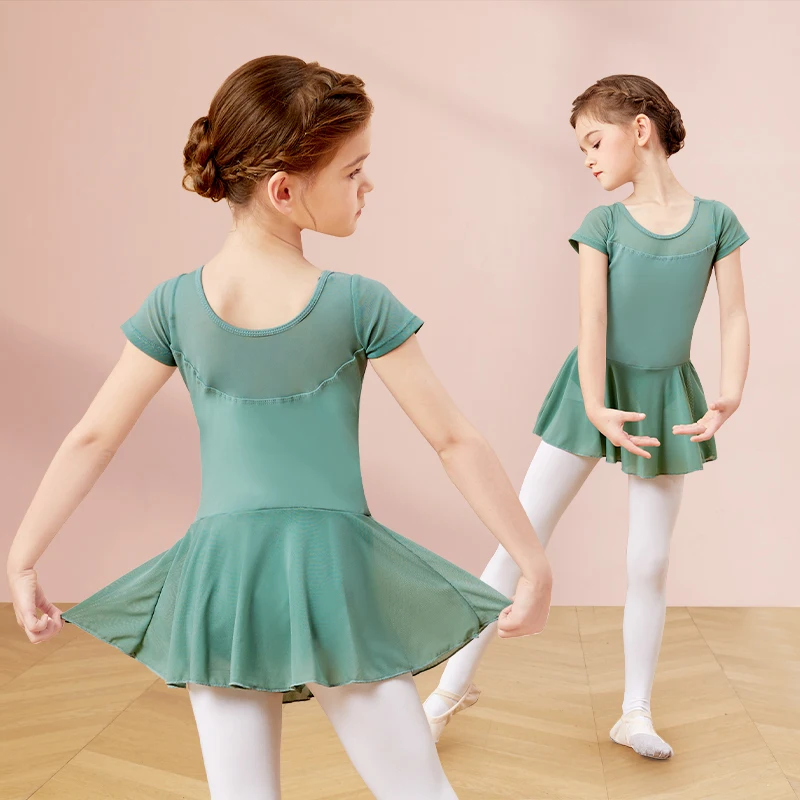 Body da ballo per ragazze Vestito da balletto Bambini Mesh Splice Body da ginnastica Manica corta Costumi di danza classica Body da balletto