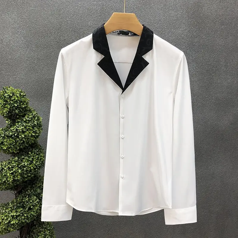 Korean Men's 2024 Autumn New Collection Splicing Square Collar Button Fashion Solid Color Minimalist Casual Long Sleeve Shirts