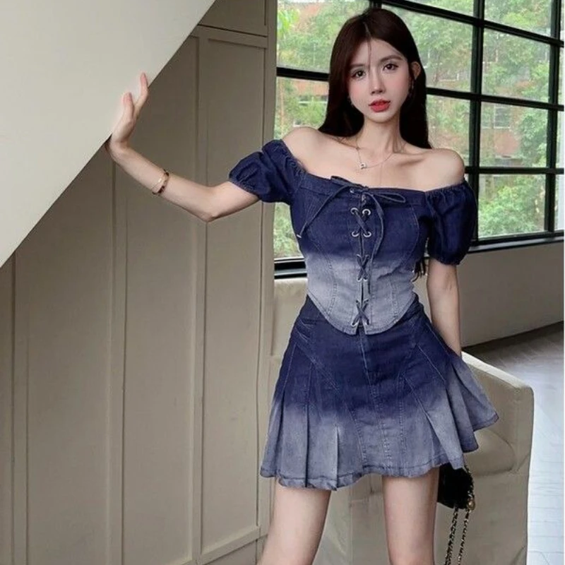 

Gradient 2 Pieces Skirt Sets for Women Summer Clothes 2025 Korea Formal Event Fashion Clothing Trend Y2k Woman Outfit Denim Full