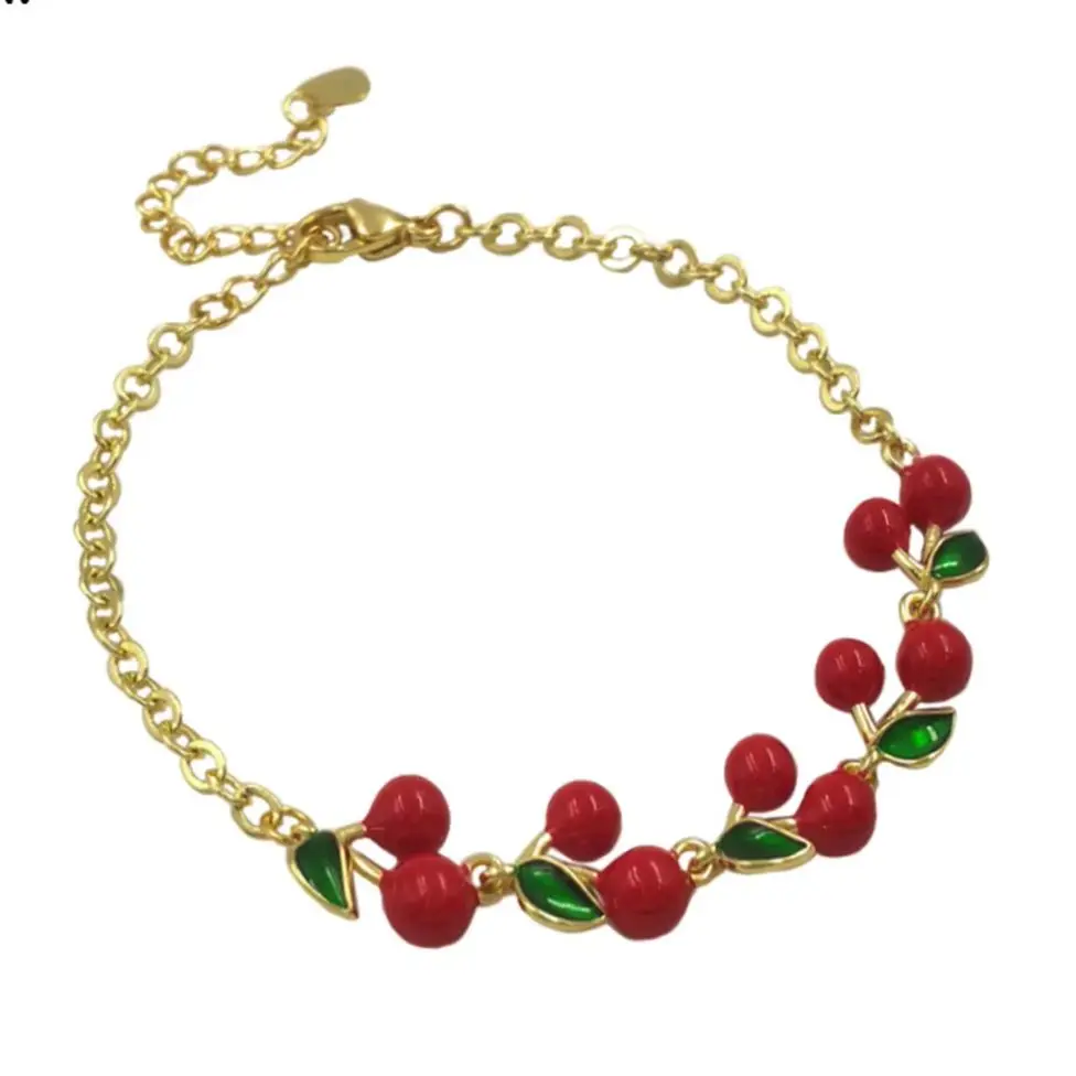 

WT-JF365 Wholesale Strawberry And Cherry Charms Fine Yellow Brass With Drop Oil Bracelet For Wome Lovely Dating Accessory