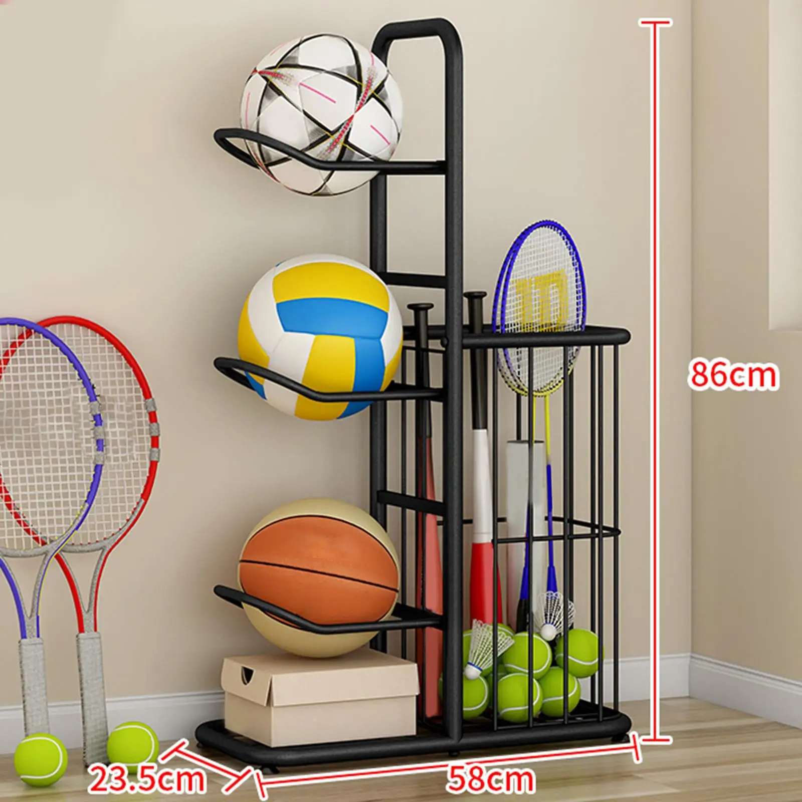 

Металлическая вертикальная стойка для хранения спортивных мячей, органайзер, экономящий место, для использования в помещении, гараже, дома