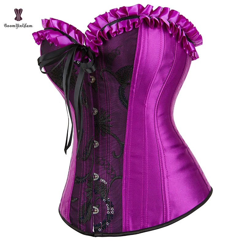 Front 6 Busk Closure 16 Glue Bones Lace Up Lavender Purple Sequined Overbust Corselet Plus Size Women Underwear Corset Top