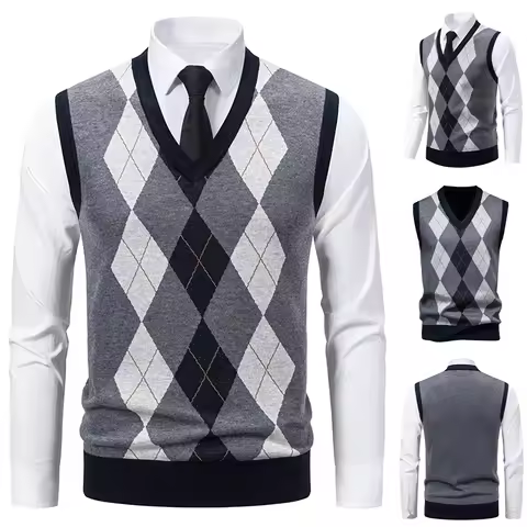 Men's Knitted Warm Sweater in Autumn and Winter V-neck Vest Diamond Grid Twisted Flower Casual Fashion Versatile Top