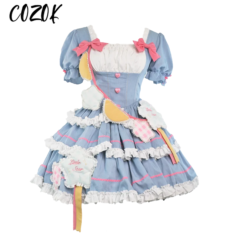 

New Sweet Summer Women's Puff Sleeve Op Dress Soft Girl Original Design Lolita Imitation Cowboy Short Princess Dresses