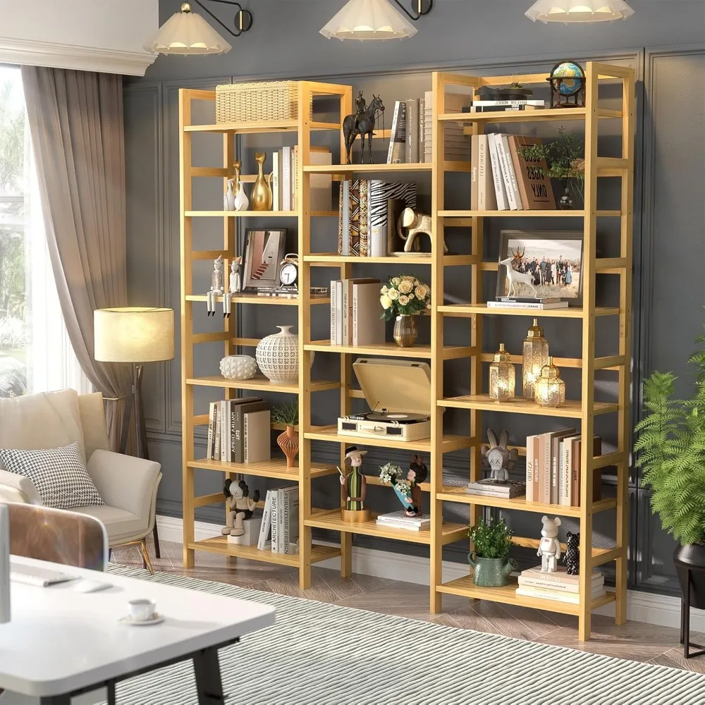 Triple Wide 6-Tier Bamboo Bookshelf, 6ft Tall Bookcase with 17 Open Display Shelves, Super Large Freestanding Book Shelf