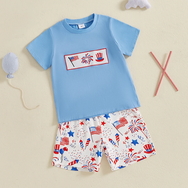 Boys Patriotic 4th of July Outfit American Flag Print Crew Neck Short Sleeve T-Shirt and Shorts Set with Firework Design - 2