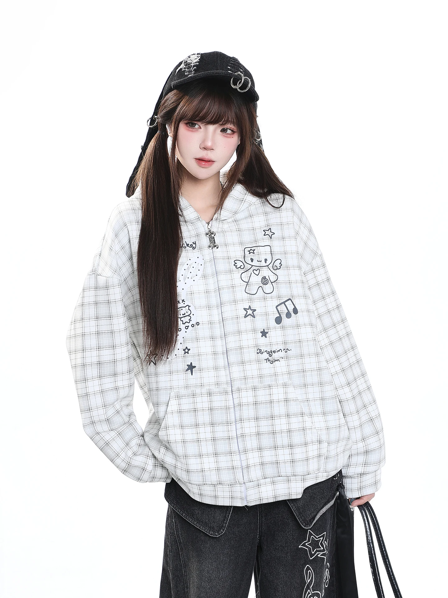Cute Plaid Hoodie Women's Casual Loose Slimming Autumn Design Ear Hat Cardigan Outerwear Sweet Girl's Long Sleeve Zipper