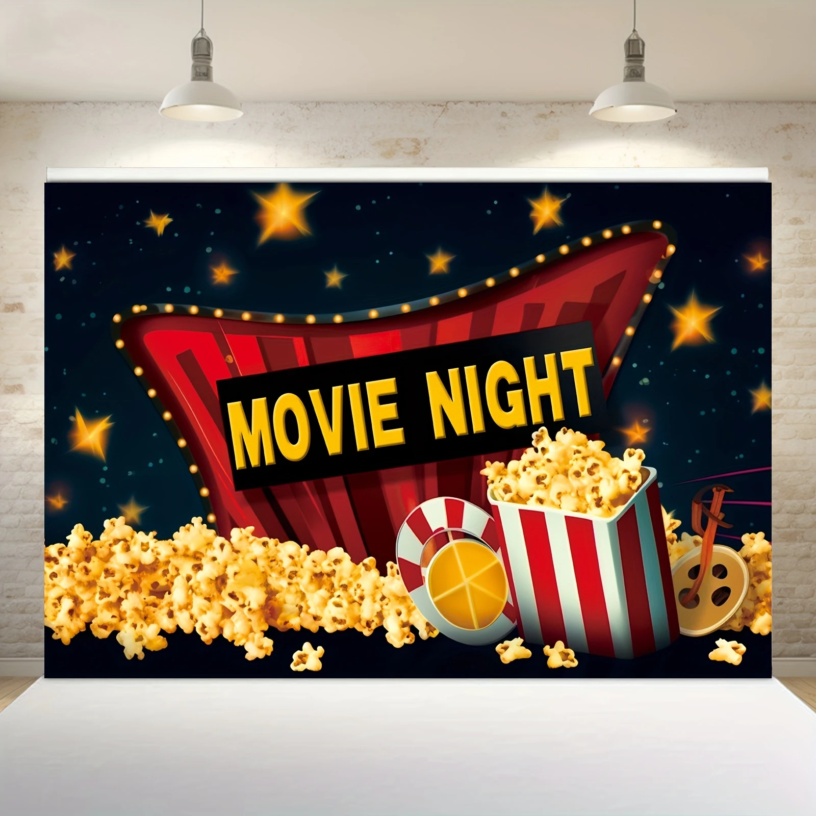 1pc, Movie Night Backdrop Cinema Lights Camera Film Popcorn Tape Party Poster Photography Backgrounds Decorations 59x39 Inch