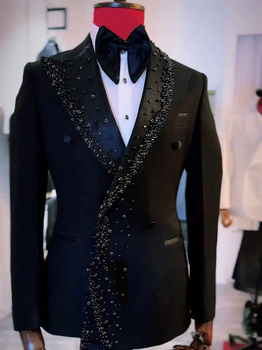 الخرز الأسود رجل الزفاف البدلات الرسمية 2 قطع الرسمي بلغت ذروتها التلبيب العريس السراويل الدعاوى مأدبة حفلة عيد ميلاد ارتداء مخصص