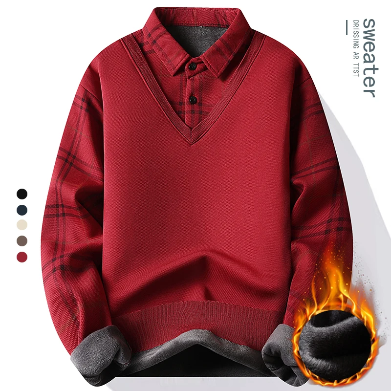New Mens Fleece Polo Collar Sweater Fake 2 Pieces Patchwork Velvet Pullovers Slim Fit Tops Elegant Knitted Sweaters
