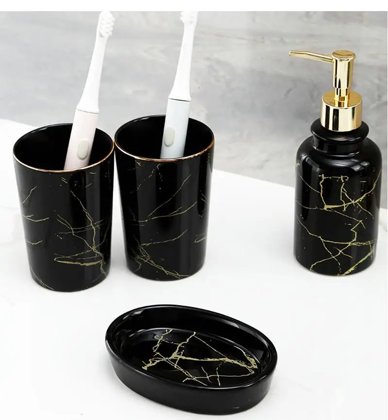 Black Marble Bathroom Decoration Accessories Toothpaste Dispenser, Mouthwash Cup, Toothbrush Holder, Lotion Bottle, Ceramic Tray