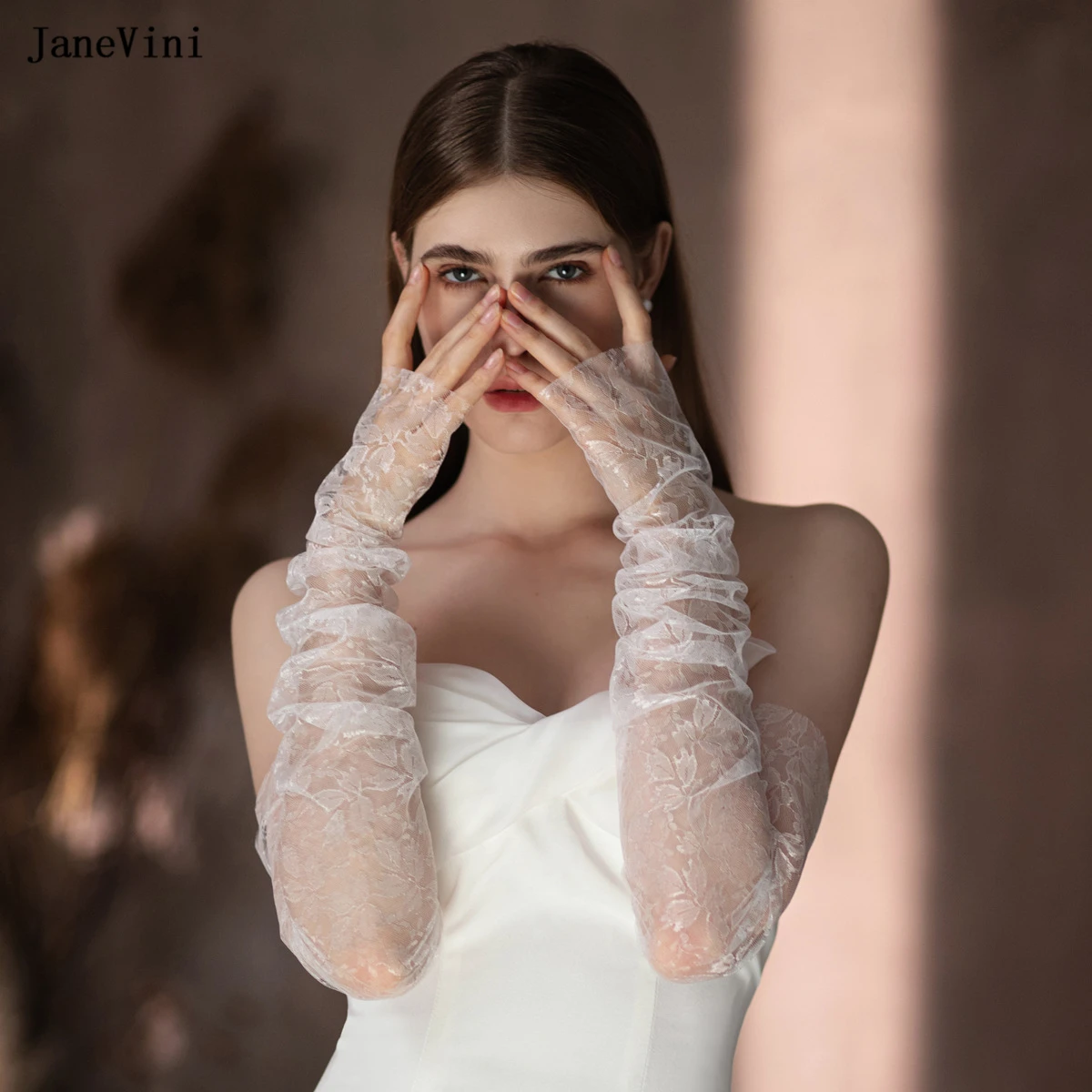 JaneVini 2024 Elegant Ivory Bridal Gloves Fingerless 55cm Long Lace Hollow Tulle Gloves Women\'s Wedding Dress Party Accessories