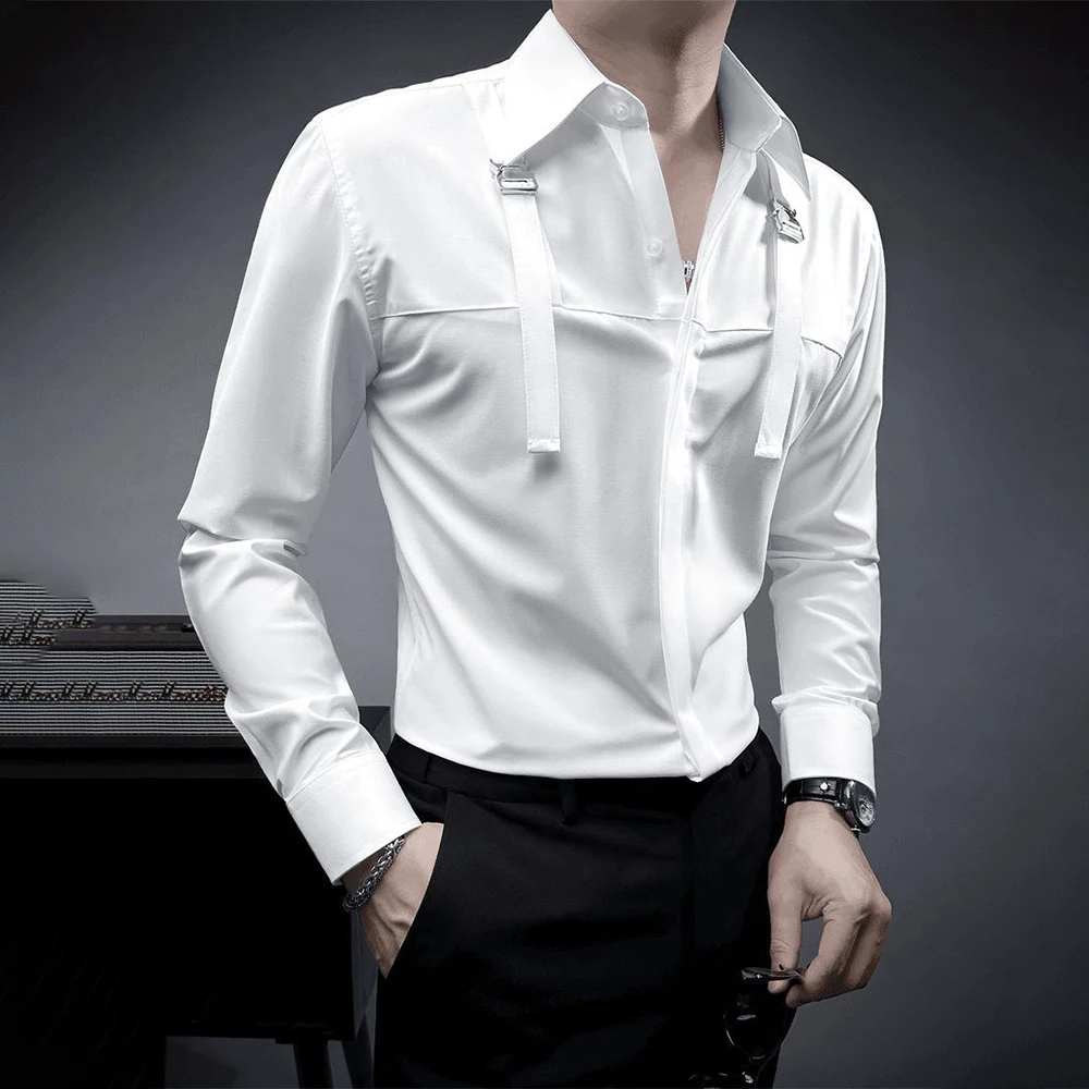 Fashion Unique Suspender Design Long-Sleeved Shirt Mens High-End 2024 Autumn New Trend Casual Solid Color Y2k Mens Shirt